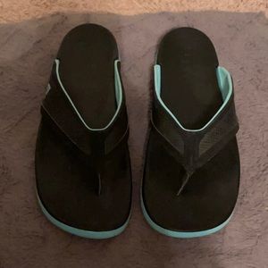 Adidas teal and black flip flops